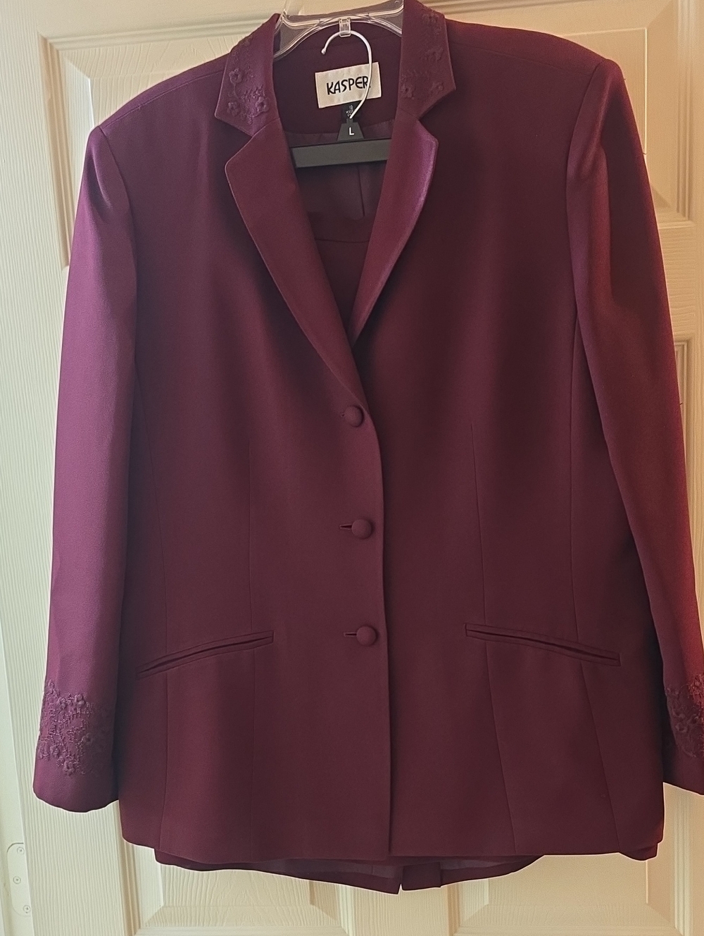 Kasper Women’s Burgundy Blazer with Embroidered Cuffs and Skirt [2 Pieces]